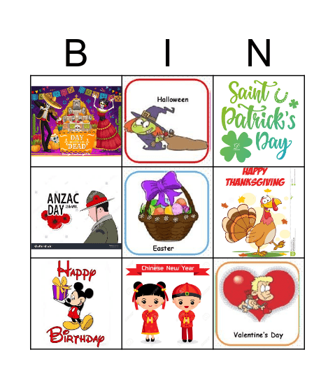 celebrations Bingo Card