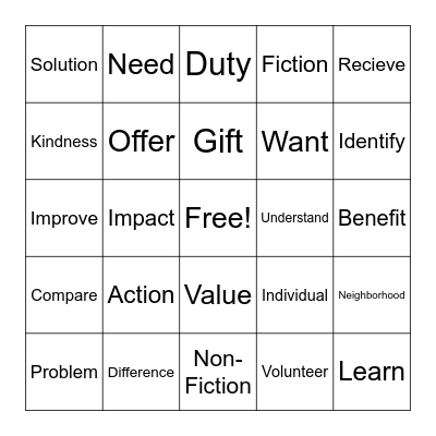 2nd Grade Vocabulary Bingo Card