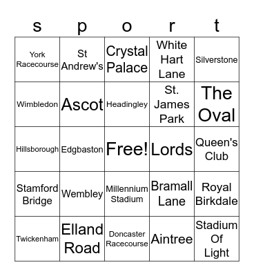Sporting Venues in the UK Bingo Card