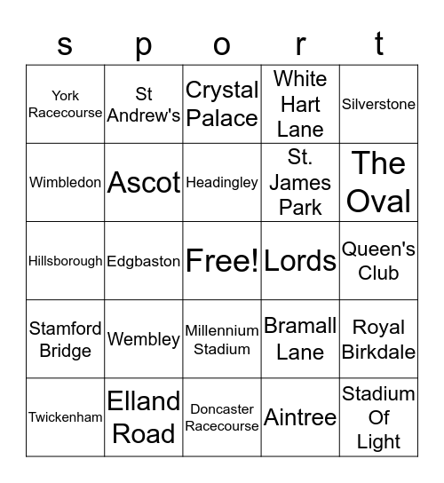 Sporting Venues in the UK Bingo Card