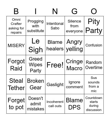 Raid Drama Bingo Card
