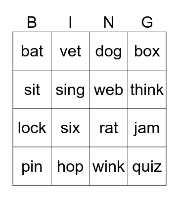 Set 1 Word Game Bingo Card