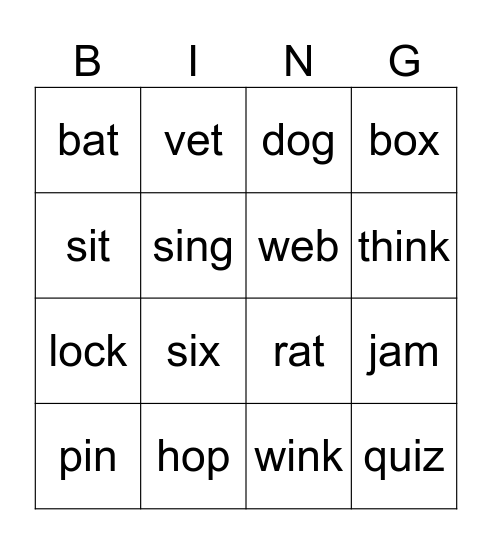 Set 1 Word Game Bingo Card