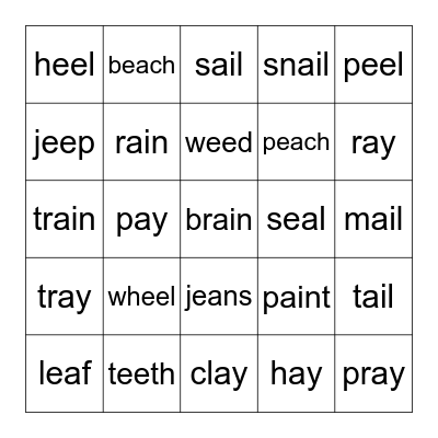 ai, ay, ee, ea Bingo Card