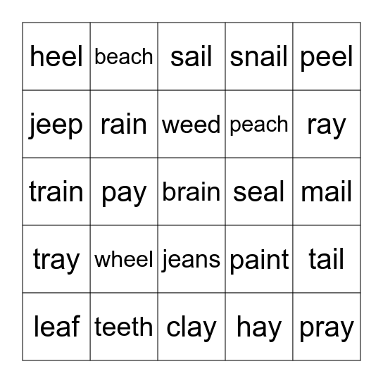 ai, ay, ee, ea Bingo Card