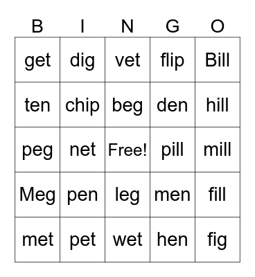 short e and i Bingo Card