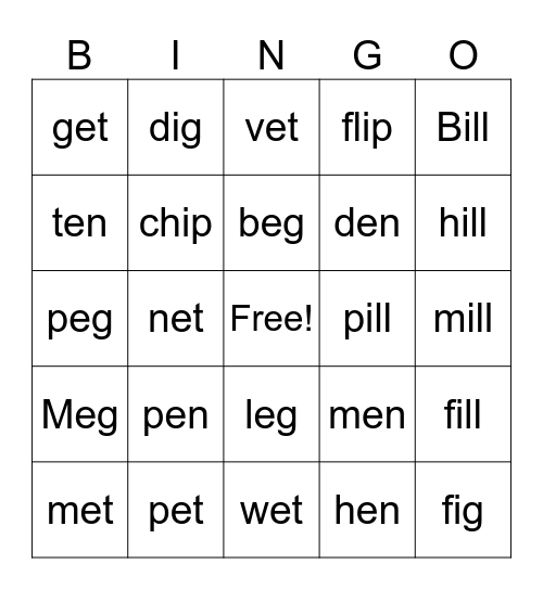 short e and i Bingo Card