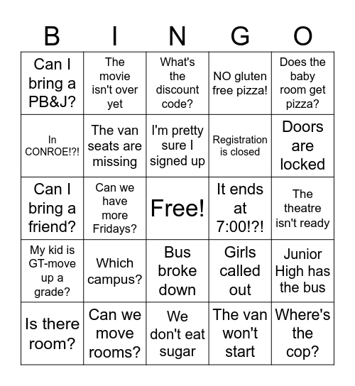 Sunday Funday BINGO Card