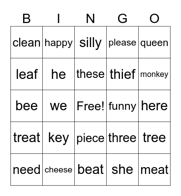 Long E words Bingo Card