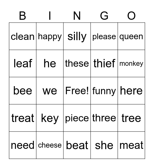 Long E words Bingo Card