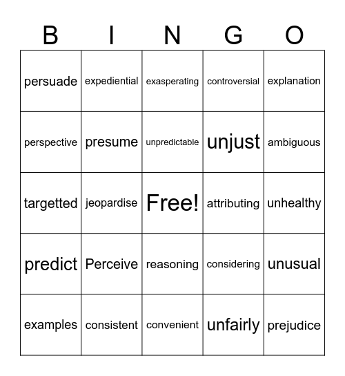 English Bingo Card