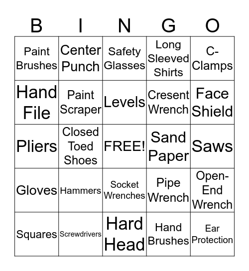 Shop Hand Tools Bingo Card