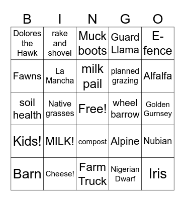 Dairy Bingo Card