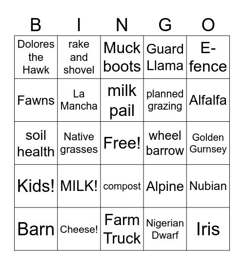 Dairy Bingo Card