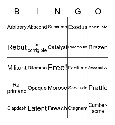 Vocabulary Unit 5 Bingo Card