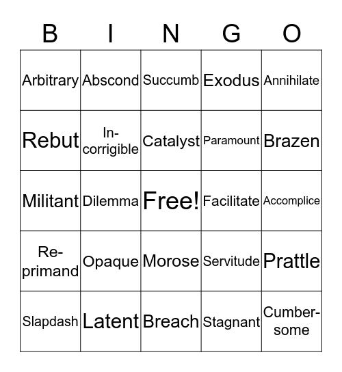 Vocabulary Unit 5 Bingo Card