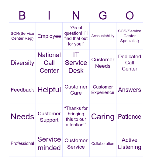 Customer Service Bingo Card