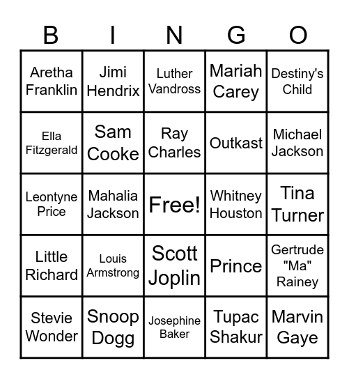 Black Musicians and Musical Artists Bingo Card
