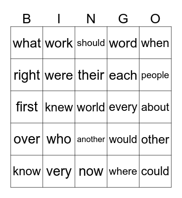 Sight Word Bingo Card