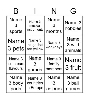 Name 3 game Bingo Card