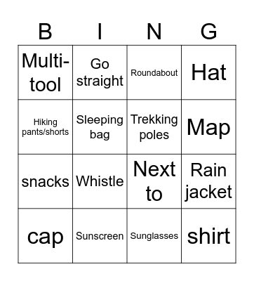Hiking and Directions Bingo Card