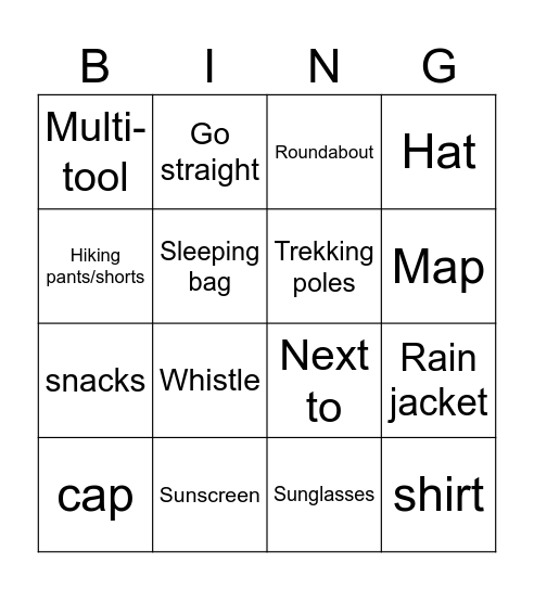 Hiking and Directions Bingo Card