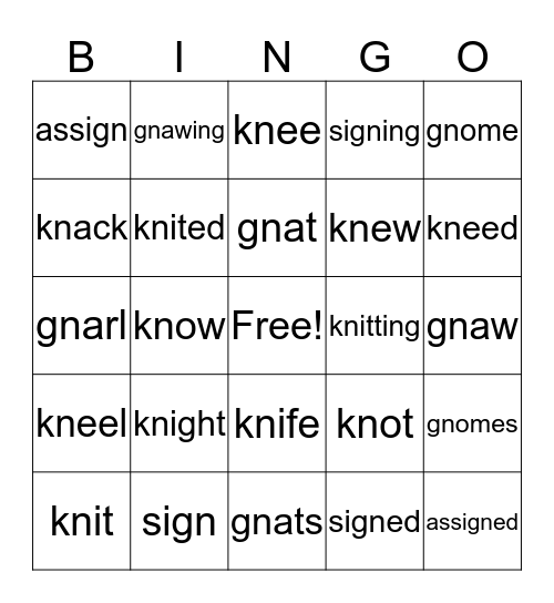 Gn, Kn and ign  words Bingo Card