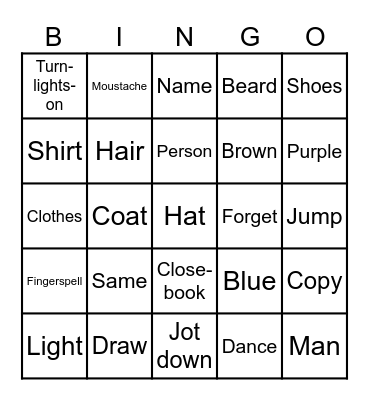 ASL Unit 1 Vocabulary Bingo Card