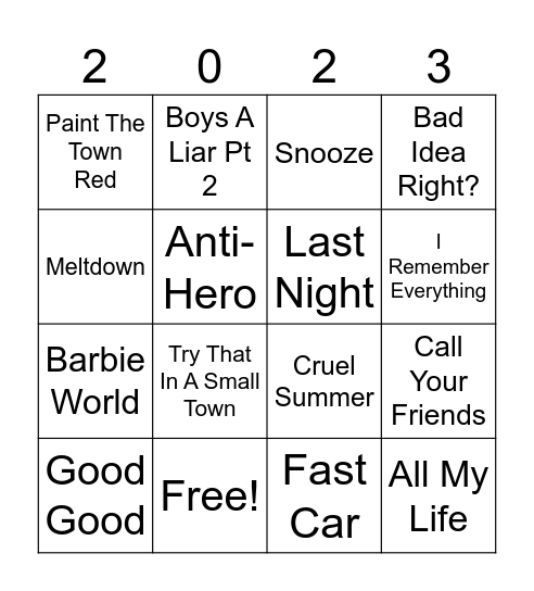 Top Hits of 2023 Bingo Card