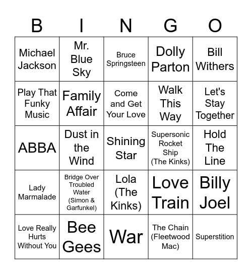 Back to 1970 Bingo Card