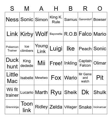 Super Smash Brothers Ultimate Bingo Card