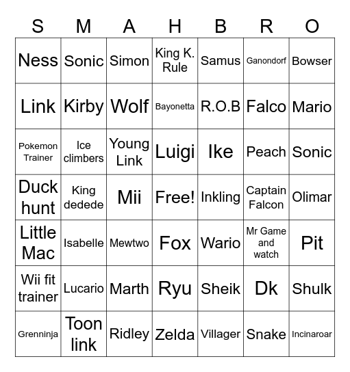 Super Smash Brothers Ultimate Bingo Card