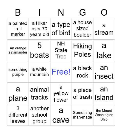 Hiking Mt. Major Bingo Card