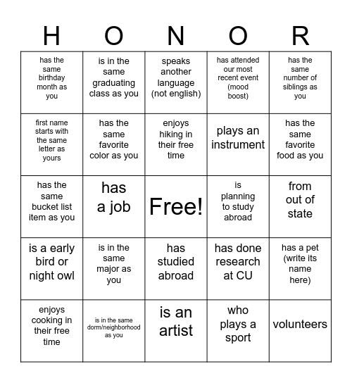 Ask people here a question from squares below. When you find someone who fits the description, write their name in the square. Any person can only fill one of your squares.  Prizes for a row, and a special prize for a blackout! Find someone who... Bingo Card