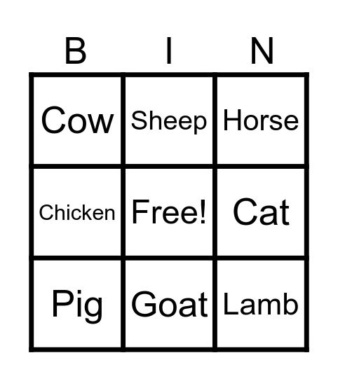 Farm Animals! Bingo Card