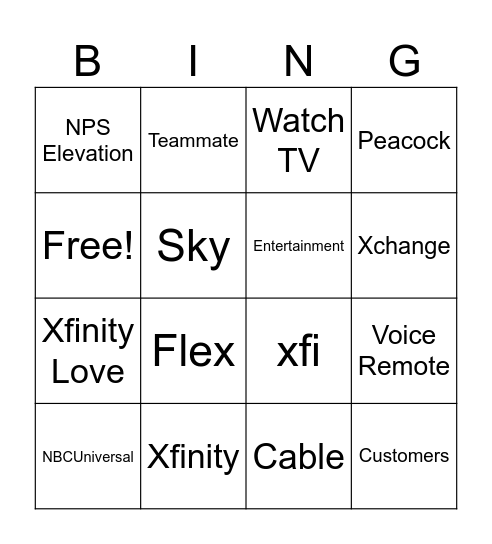 Xfinity Bingo Card