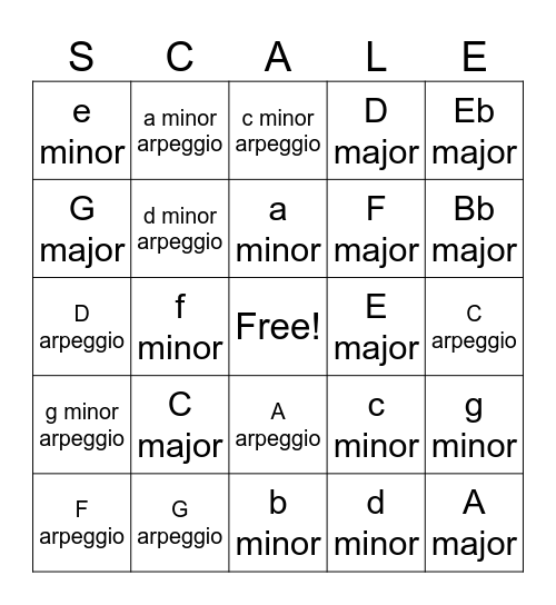 Symphonic 2-oct Scale Bingo Card