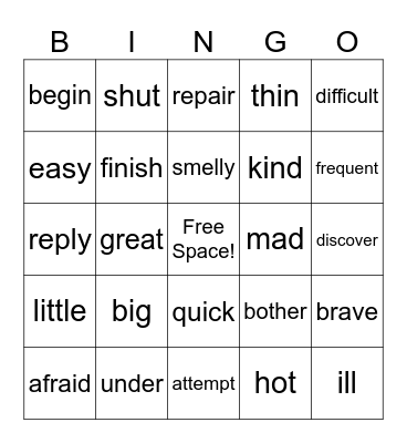 Synonym Bingo Card