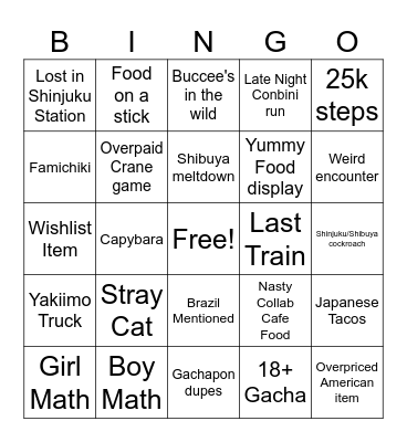 Japan Trip Bingo Card