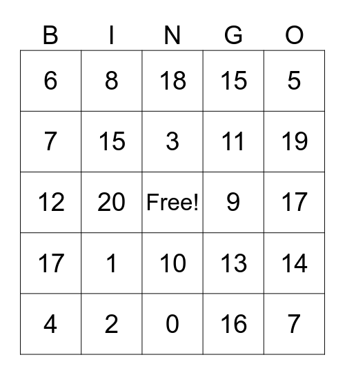 Numbers 1-20 Bingo Card