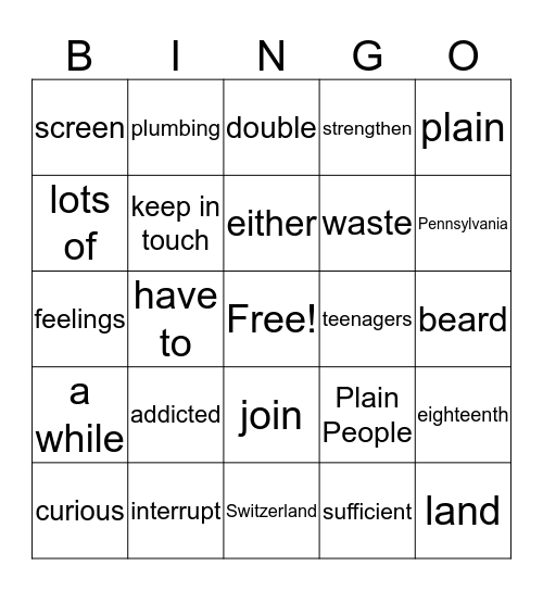 Vocabulary Bingo  2/4/2016 Bingo Card