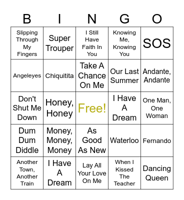 ABBA Musical Bingo! Bingo Card