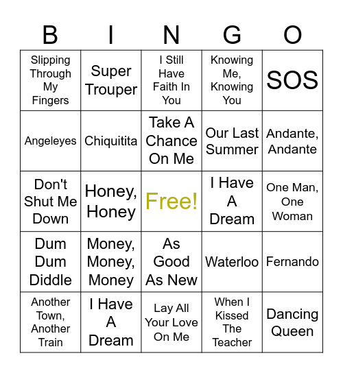 ABBA Musical Bingo! Bingo Card