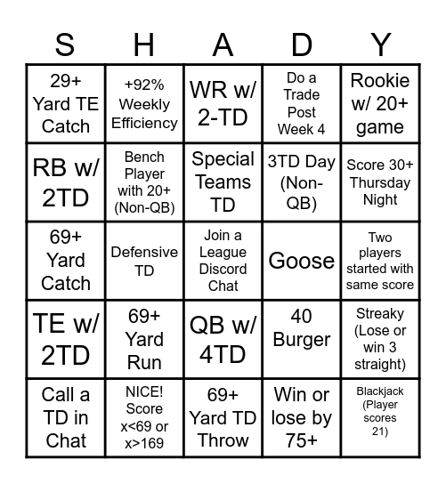 Shadynasty Bingo Card