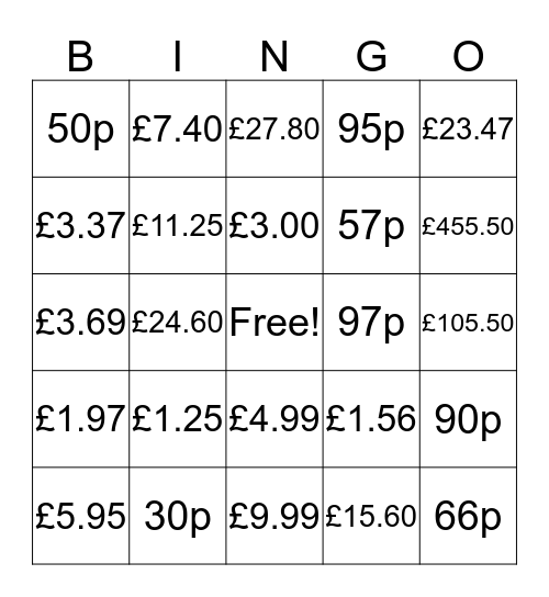 Prices  Bingo Card