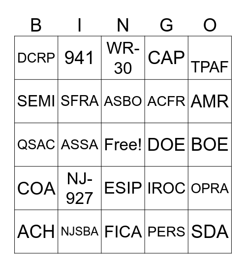 NJASBO Acronym Bingo Card