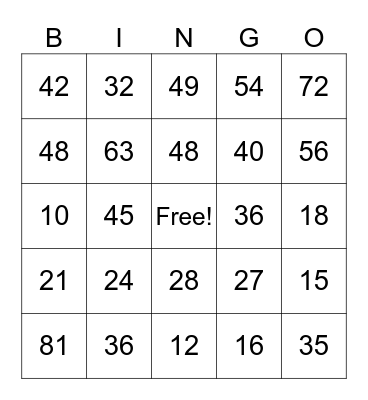 Multiplication Bingo Card