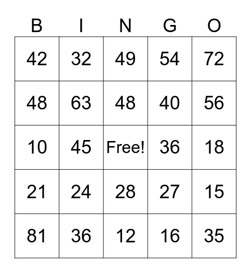 Multiplication Bingo Card