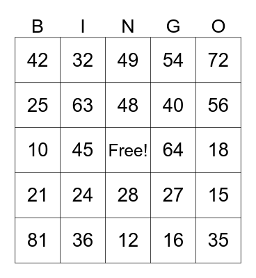 Multiplication Bingo Card