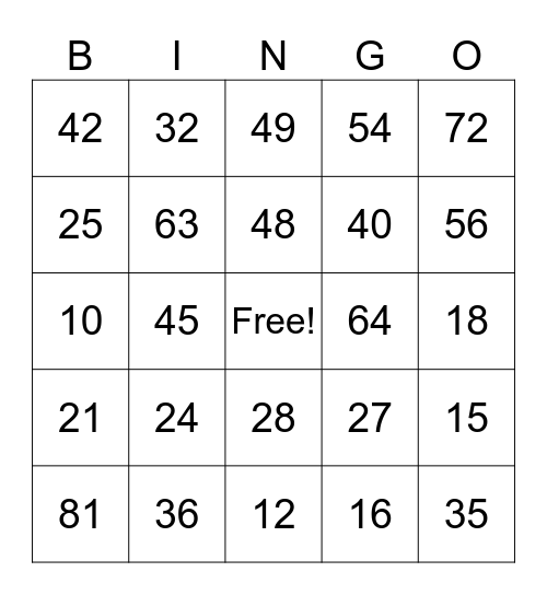 Multiplication Bingo Card